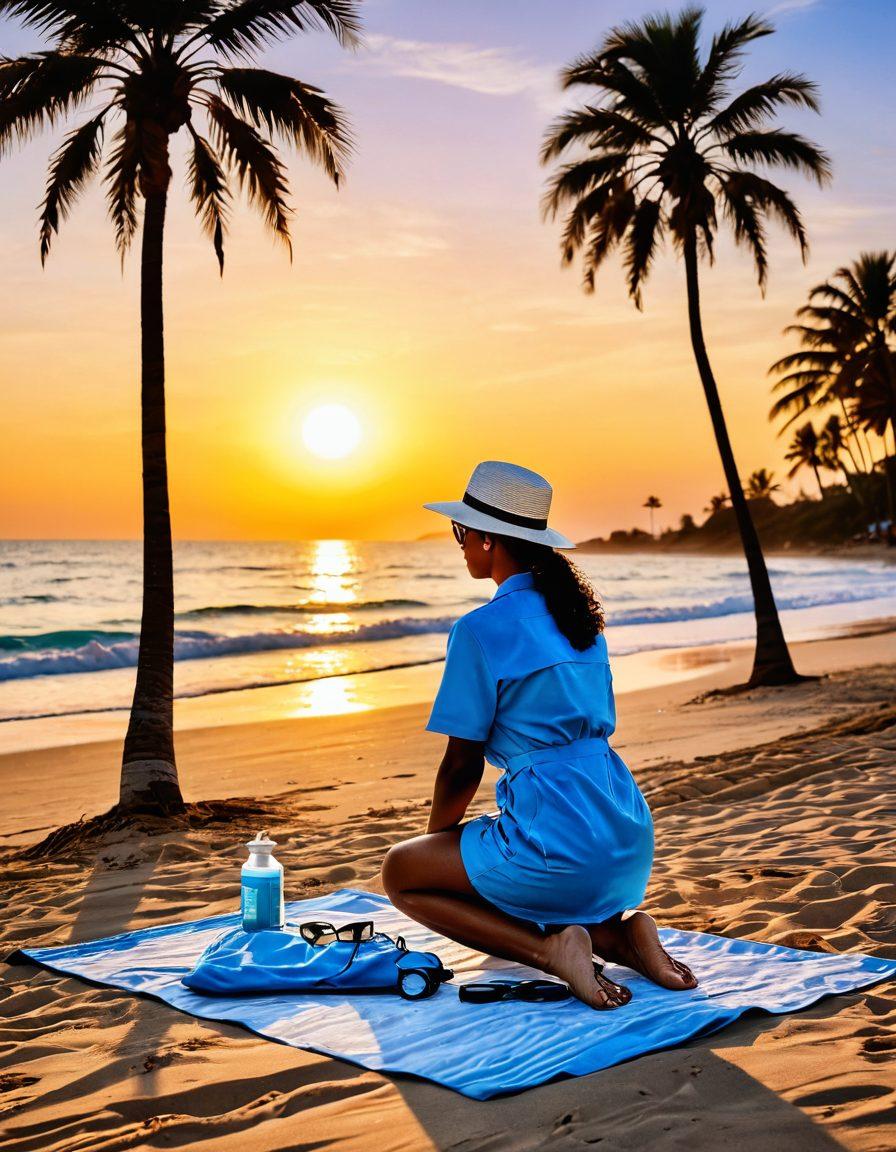 A serene beach landscape at sunset featuring a confident person in stylish summer attire, while a professional medical practitioner conducts a beachside health assessment. The scene captures vibrant summer colors, gentle waves, and palm trees, symbolizing health and confidence. Include beach accessories like sunglasses and hats, and a first aid kit subtly integrated into the scene. super-realistic. vibrant colors. beach setting. summer theme.